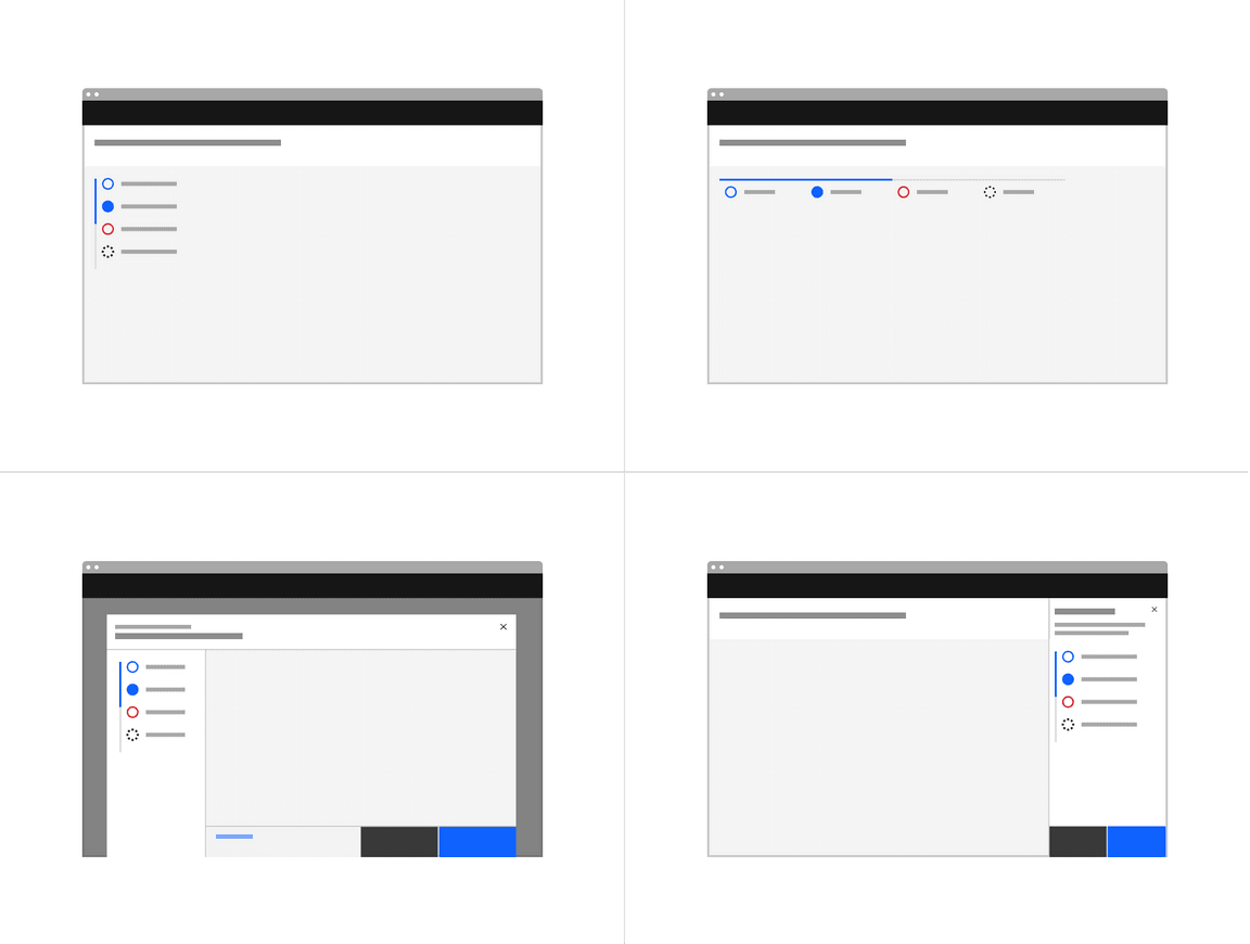 Examples of progress indicators on a full page, tearsheet, and side panel